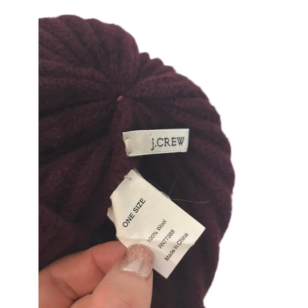 J. Crew Beanie Hat Unisex One Size Burgundy Red 100% Wool Ribbed Knit Cuffed